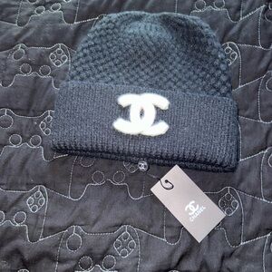 CHANEL Dark Gray Knit Beanie with White Logo